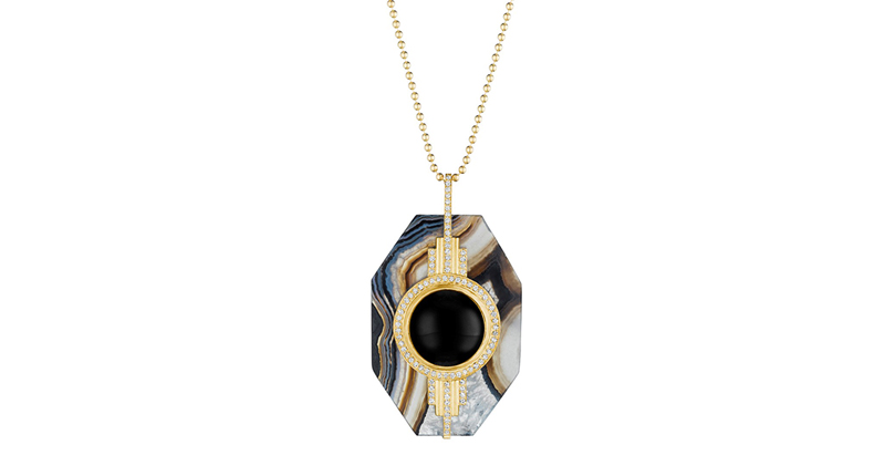 Doryn Wallach Jewelry’s agate pendant with onyx and white diamonds ($12,870)<br /><a href="http://www.dorynwallach.com/product/agate-pendant-with-onyx-and-white-diamonds/" target="_blank">DorynWallach.com</a>