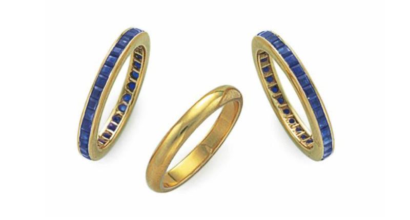 This Van Cleef & Arpels set--featuring two calibré-cut sapphire bands, one in 18-karat gold and one in 14-karat gold, and an 18-karat gold band--sold for $16,250.