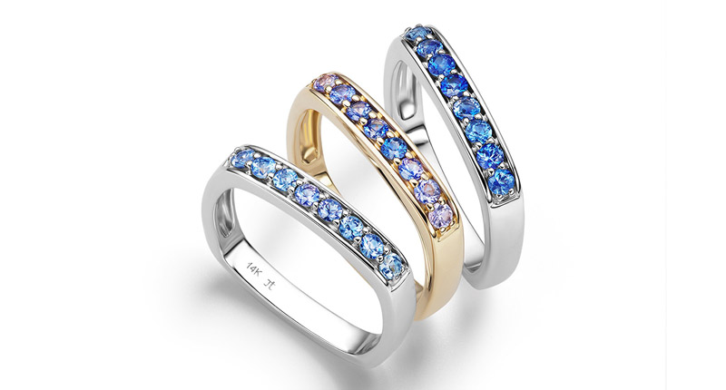 <a href="http://www.janetaylor.com" target="_blank" rel="noopener noreferrer">Jane Taylor Jewelry</a> “Cirque” 2 mm square stacking bands in 14-karat gold with various shades of blue sapphires ($1,100 to 1,135)