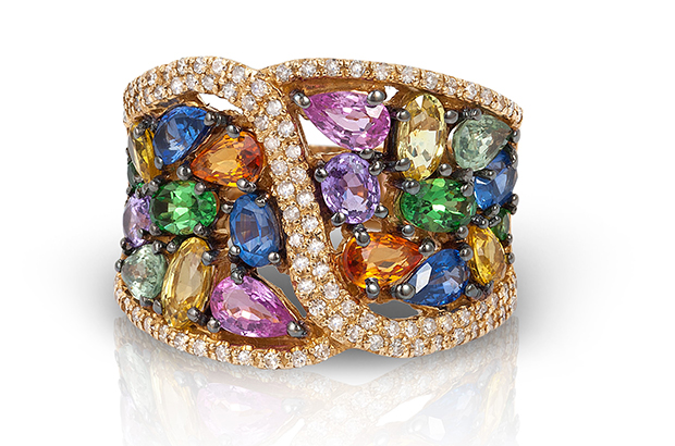 Effy’s “Watercolors” ring is made in 14-karat yellow gold with round white diamonds and round and pear-shaped multicolored sapphires ($2,500). <a href="http://www.effyjewelry.com/" target="_blank"><span style="color: #ff0000;">EffyJewelry.com</span></a> 