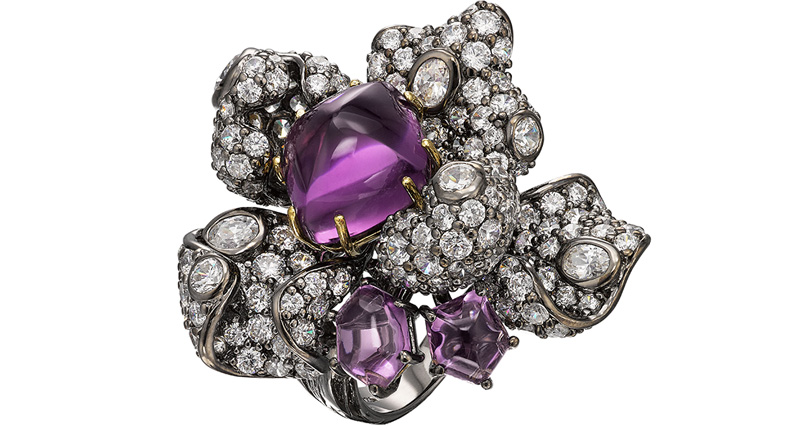 Anabela Chan Blossom ring with 18-karat black and yellow gold vermeil with lab-grown, sugarloaf-cut amethyst, sweet lilac amethyst and garnet, and 184 hand-set lab-grown pave diamonds ($1,955) <br /><a href="https://anabelachan.com/products/amethyst-blossom-ring" target="_blank" rel="noopener noreferrer">AnabelaChan.com</a>