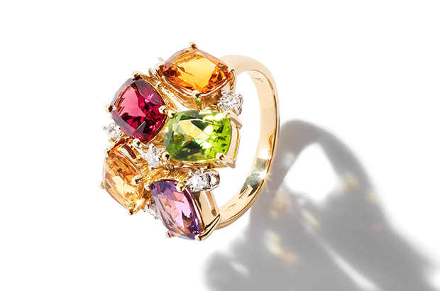 Antonini is channeling the ‘40s vibe with this 18-karat yellow gold ring with diamonds, peridot, citrine, rhodolite and amethyst ($3,610) <a href="http://www.antonini.it/ " target="_blank"><span style="color: #ff0000;">Antonini.it</span></a>