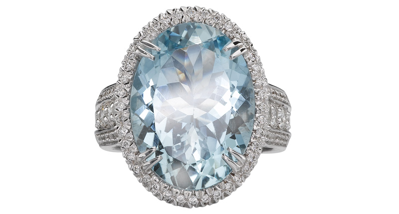Christopher Designs ring with 7-carat aquamarine center and 1.04 carats of round diamonds in 14-karat white gold ($10,891)<br /> <a href="http://www.christopherdesigns.com" target="_blank" rel="noopener noreferrer"><b>ChristopherDesigns.com</b></a>
