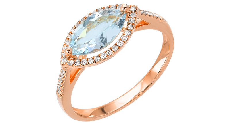 Liven Co. marquise aquamarine ring with diamond halo in 14-karat rose gold ($850)<br /> <a href="http://www.livenco.com" target="_blank" rel="noopener noreferrer"><b>LivenCo.com</b></a><br />  