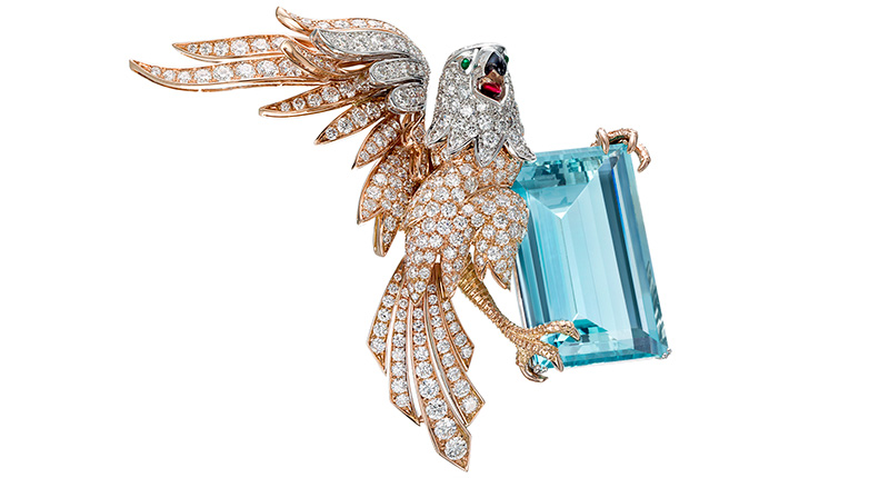 Picchiotti rose and white gold Predatory Eagle in full flight, whose unusual prey is a unique octagonal aquamarine (57.85 carats) with a full body and wings embellished by round diamonds and a black enamel beak ($92,500) <br /> <a href="http://www.Picchiotti.it" target="_blank" rel="noopener noreferrer"><b>Picchiotti.It</b></a>