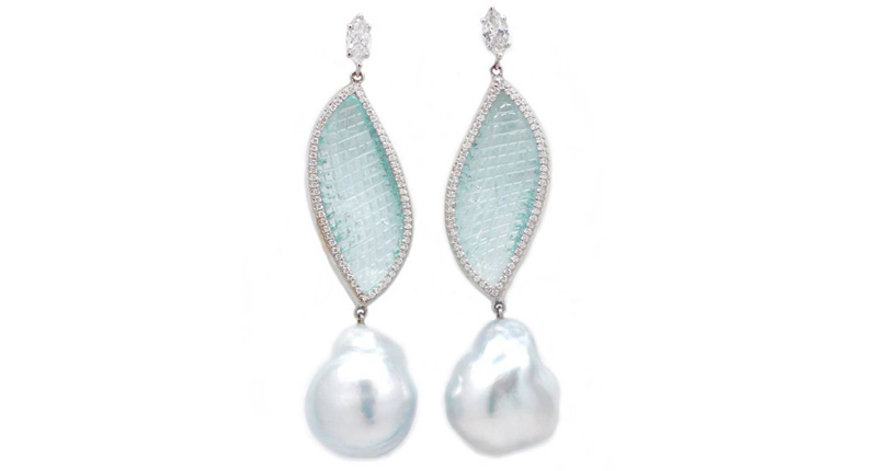 Elizabeth Blair fine pearls one-of-a-kind flame-cut aquamarine, diamond and Australian South Sea pearl earrings set in 18-karat white gold ($9,950)<br /> <a href="http://www.elizabethblair.com" target="_blank" rel="noopener noreferrer"><b>ElizabethBlair.com</b></a>