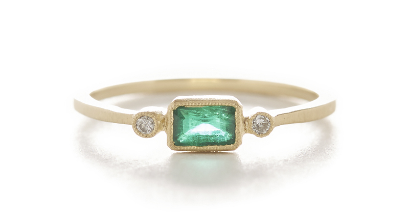 <a href="http://www.dawes-design.com" target="_blank" rel="noopener noreferrer">Jennifer Dawes Design </a>18-karat yellow gold ring featuring an emerald baguette accented with round brilliant-cut diamonds ($1,700)