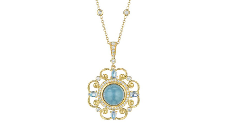 Penny Preville 18-karat gold new imperial enhancer with round “blue-jean” aquamarine (5.50 carats) and pear-shaped moonstone cabochons ($4,195)<br /> <a href="http://www.pennypreville.com" target="_blank" rel="noopener noreferrer"><b>PennyPreville.com</b></a><br />  