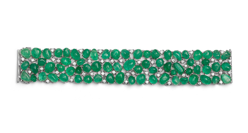 A Muisca bracelet made with 166.90 carats of Muzo emerald and 2.50 carats of diamonds set in 18-karat white gold ($43,200).