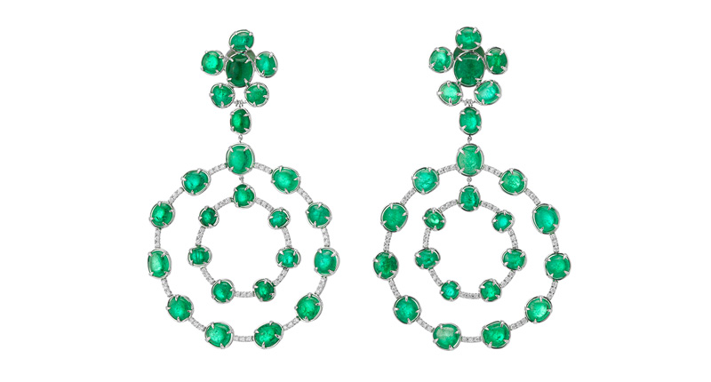 These Royal Orb earrings feature 67.25 carats of Muzo emerald, 1.08 carats of diamonds and 18-karat white gold ($41,600).