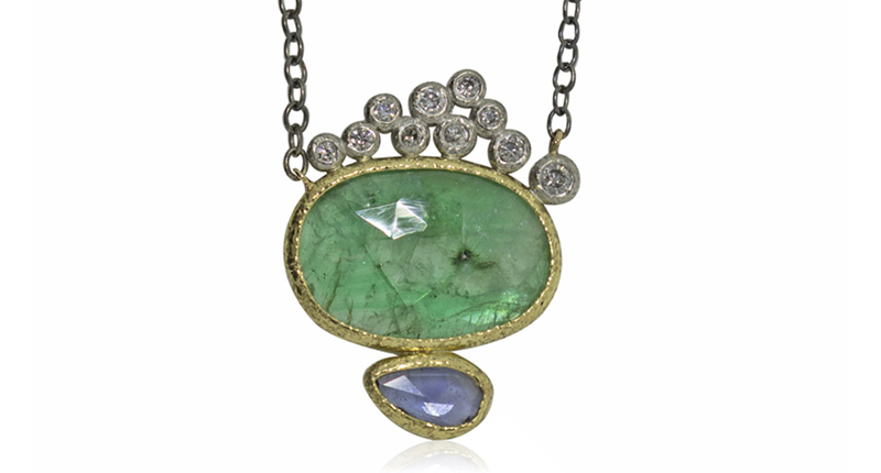 <a href="http://www.ronafisher.com" target="_blank" rel="noopener noreferrer">Rona Fisher</a> emerald and sapphire pendant in palladium, 18-karat yellow gold and oxidized silver chain ($2,695)