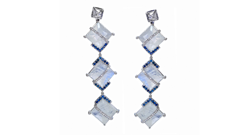<strong>June: Moonstone.</strong> These earrings from Laura Media feature moonstones accented with diamonds and blue sapphires made in 18-karat gold ($5,700).