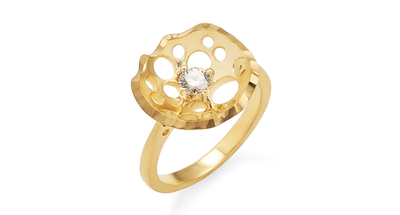 <a href="Https://danabronfman.com/collections/oculus/products/still-lily-solitaire-ring" target="_blank">Dana Bronfman</a> “Still Lily” solitaire ring in 18-karat yellow gold with a white diamond ($3,150)