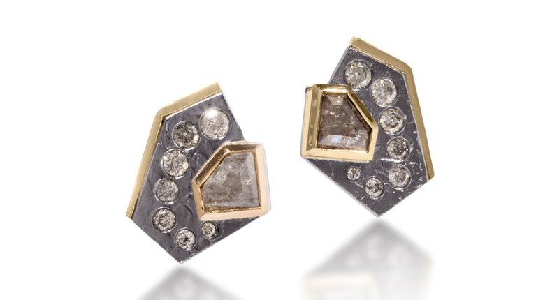 <a href="egfny.com" target="_blank">Elizabeth Garvin Fine</a> “Cyclone” stud earrings in 18-karat gold and oxidized sterling silver with bezel-set gray diamond center stones and flush set melee of natural gray diamonds ($3,650)