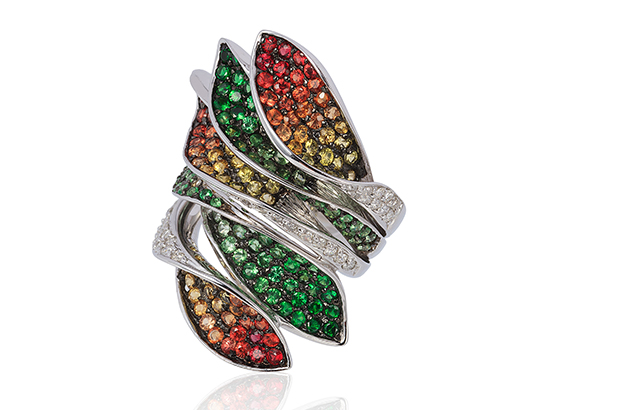 Le Vian’s 18-karat white gold ring with diamonds and multicolored sapphires adds an ombre twist to the multi-color trend ($6,197.50). <a href="http://www.levian.com/brandedbylevian/ " target="_blank"><span style="color: #ff0000;">LeVian.com</span></a>