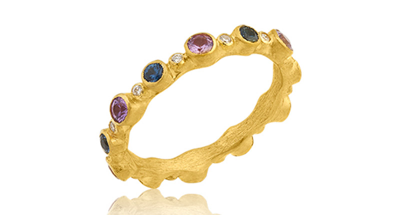<a href="http://www.likabehar.com" target="_blank" rel="noopener noreferrer">Lika Behar’s</a> 22-karat gold “Baby Love” stackable ring with round faceted blue and pink sapphires with diamonds ($1,300)