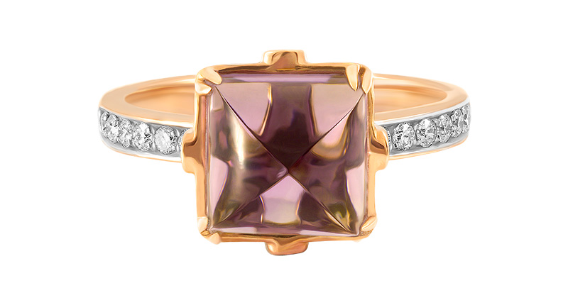 Ayva Jewelry amethyst sugarloaf ring with diamonds in 14-karat rose gold ($2,700) <br /><a href="http://www.ayvajewelry.com" target="_blank" rel="noopener noreferrer">AyvaJewelry.com</a>