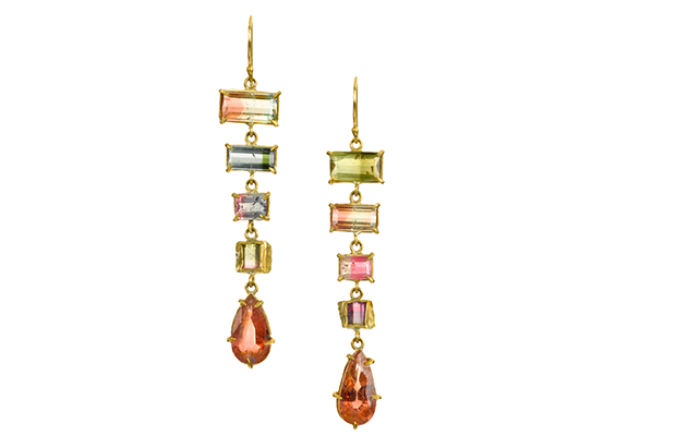 Margery Hirschey’s rainbow tourmaline drop earrings in 22-karat gold with a wide variety of bi-colored tourmalines ($4,930) <br />
<a target="_blank" href="http://www.margeryhirschey.com/"><span style="color: #ff0000;">MargeryHirschey.com</span></a>