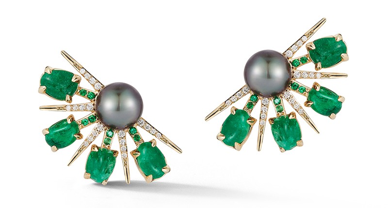 <a href="https://www.katherinejetter.com" target="_blank" rel="noopener">Katherine Jetter</a> x Muzo emerald, pearl and diamond fan earrings set in 18-karat yellow gold ($9,440)