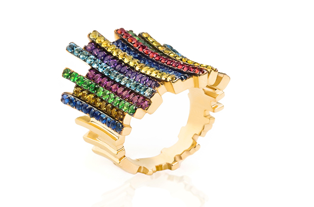 Nada G’s “Resolutions ZigZag” ring in 18-karat yellow gold with multicolored sapphires ($5,160) <a href="http://www.nadag.com/" target="_blank"><span style="color: #ff0000;">NadaG.com</span></a> 