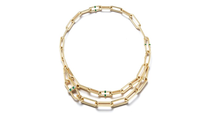 <p><a href="https://www.deborahpagani.com" target="_blank" rel="noopener">Deborah Pagani</a> 18-karat yellow gold emerald convertible “Pill Link” necklace with diamonds and green enamel ($16,000) </p>