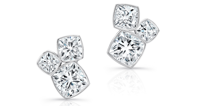 <a href="http://www.Forevermark.com" target="_blank" rel="noopener">Forevermark</a> three-stone cushion diamond cluster earrings set in 18-karat white gold (price available upon request)