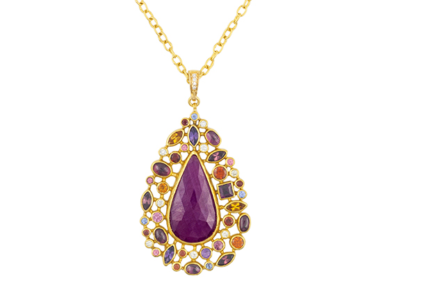 Gurhan’s “Confetti” necklace in 24-karat gold with a rose-cut ruby surrounded by golden citrine, amethyst, garnet, pink topaz, tanzanite, rhodolite and diamonds ($12,720). <a href="http://www.gurhan.com/ " target="_blank"><span style="color: #ff0000;">Gurhan.com</span></a>