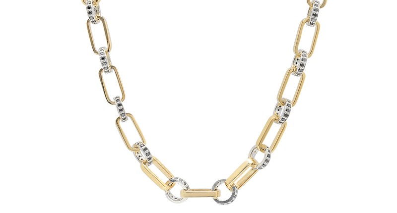 <p><a href="http://nancynewberg.com/shop/19-oxidized-silver-hammered-chain-necklace-with-18k-polished-yellow-gold-links-5g57a-zlp92-canha" target="_blank" rel="noopener">Nancy Newberg</a> 14-karat yellow gold oval necklace with silver links and black diamonds ($9,600)</p>
<p> </p>