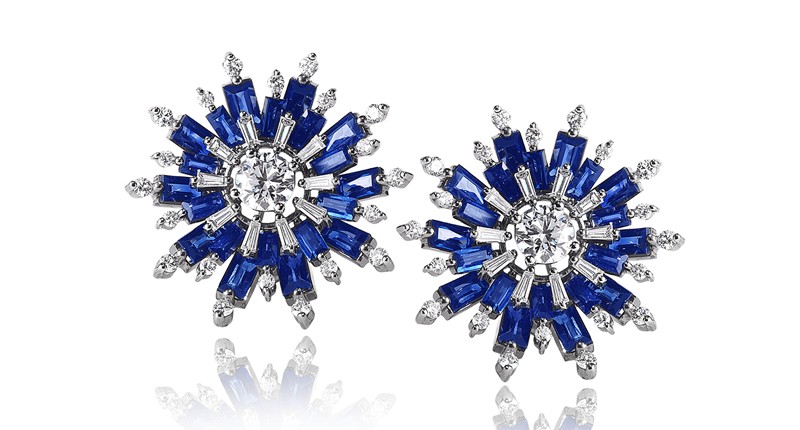 <a href="http://namcho.com/" target="_blank" rel="noopener">Nam Cho</a> 18-karat white gold and sapphire baguette flower earrings with diamonds ($14,100)