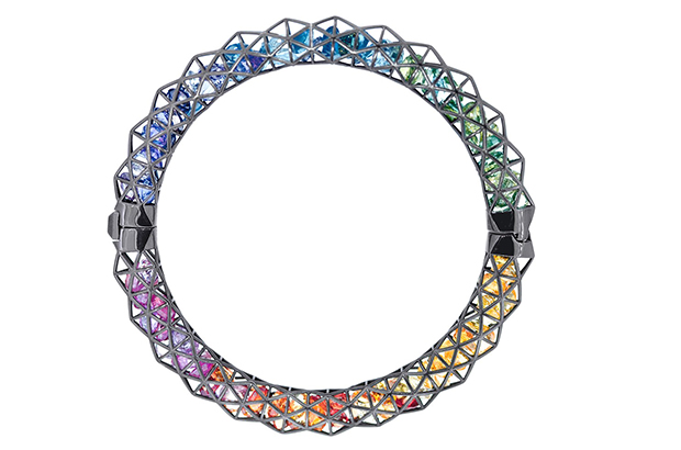 The whole rainbow is included in Roule and Co.’s “Spiked Shaker” bangle in blackened 18-karat white gold with a 53-carat loose sapphire “rainbow” ($16,450). <a href="http://www.rouleandcompany.com/" target="_blank"><span style="color: #ff0000;">RouleAndCo.com</span></a>