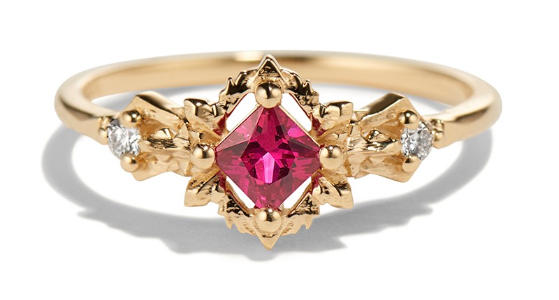 The “Spiritual Stone of Fire” ring set with a princess cut ruby and accent diamonds held in place by dodongos, fire-breathing dragons you fight in the game ($1,610)