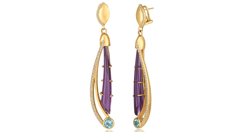 Martha Seely amethyst earrings with Swiss blue topaz and white diamond melee ($7,350) <br /><a href="http://www.marthaseely.com" target="_blank" rel="noopener noreferrer">MarthaSeely.com</a>