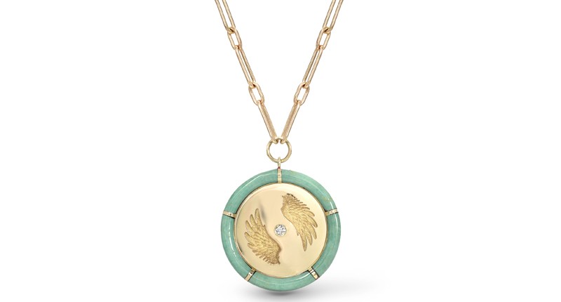 <p><a href="https://www.retrouvai.com/collections/alchemy/products/green-turquoise-bravery-pendant-on-18-handmade-chain" target="_blank" rel="noopener">Retrouvaí</a> “Alchemy” pendant in 14-karat yellow gold with green turquoise stone inlay ($8,375)</p>
<p> </p>