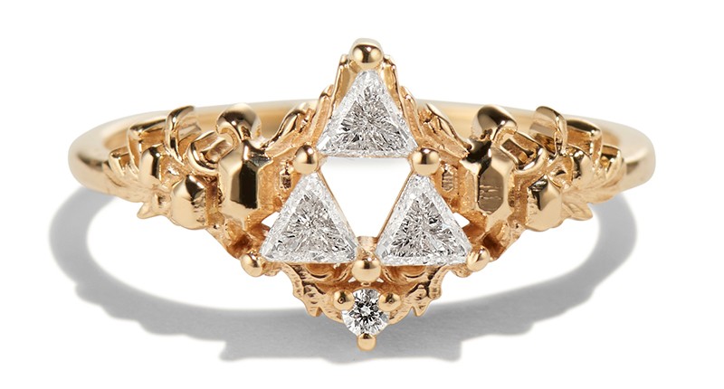 The “Goddesses’ Relic” engagement ring, set with three triangle-shaped diamonds to represent the Triforce ($1,910)