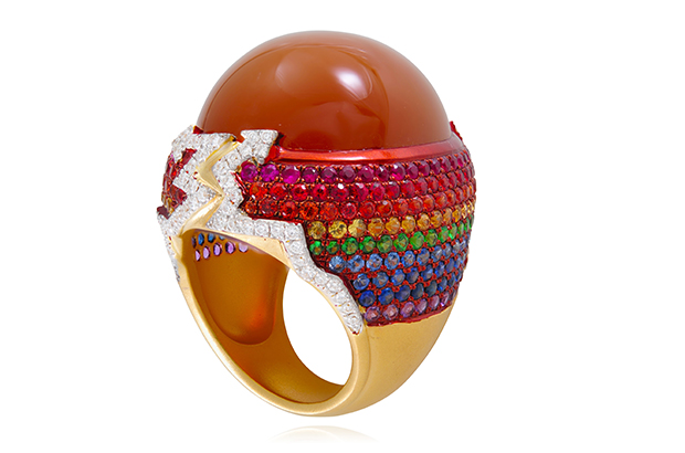 Lydia Courteille uses all the colors in her “Rainbow Warrior” ring in 18-karat gold with fancy sapphires, tsavorites, white diamonds, amethysts and moonstone ($28,500). <a href="http://www.lydiacourteille.com/" target="_blank"><span style="color: #ff0000;">LydiaCourteille.com</span></a>