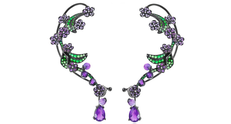 Lydia Courteille “Vendanges Tardives” earrings with amethyst, tsavorite, enamel and diamonds in 18-karat gold with black rhodium (price upon request)<br /><a href="http://%20www.lydiacourteille.com" target="_blank" rel="noopener noreferrer">LydiaCourteille.com</a>