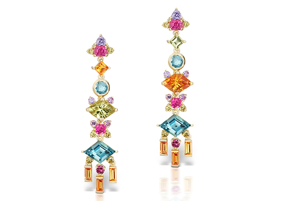 Jane Taylor’s “Frida” earrings in 18-karat yellow gold with purple, pink and orange sapphires, green diamonds, Mali and Namibian spessartite garnet, pink tourmaline and aquamarine ($30,080) <a href="http://www.janetaylor.com/xips5isvq6xx5fo1hsgabidnukraw6 " target="_blank"><span style="color: #ff0000;">JaneTaylor.com</span></a>