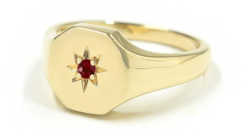 <a href="https://www.bondeyejewelry.com/" target="_blank" rel="noopener">Bondeye Jewelry</a> 14-karat yellow gold and garnet ring ($850)