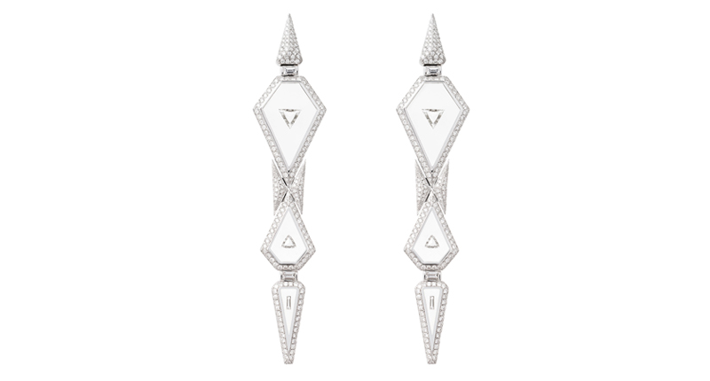 Nikos Koulis 18-karat white gold earrings set with white diamonds in clear enamel, $25,200<br />Available at <a href="https://www.bergdorfgoodman.com/" target="_blank" rel="noopener noreferrer">Bergdorf Goodman</a>