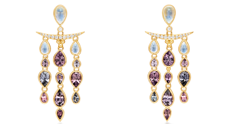 Temple St. Clair 18-karat yellow gold “Seta Spinel Fringe” earrings with royal blue moonstone, lavender spinel, pink spinel and diamonds ($15,500)