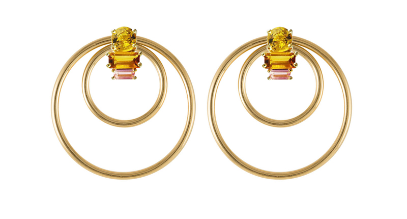 “Multiplier” double hoop earrings in 18-karat yellow gold paired with the “Golden Light” gemstone earrings in 18-karat yellow gold with sapphire, citrine and tourmaline ($5,488)