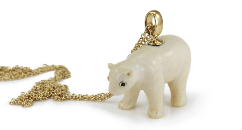 <a href="https://bibivandervelden.com/products/mammoth-polar-bear-necklace" target="_blank" rel="noopener">Bibi Van Der Velden</a> “Mammoth Bear” necklace made in 18-karat yellow gold with fossilized mammoth tusk and blue sapphires ($4,148 per current exchange rates)