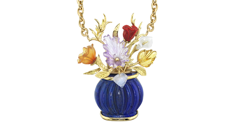 A Brent Neale 18-karat yellow gold necklace featuring a lapis vase with flowers made of red coral, amethyst, mother-of-pearl, carnelian, citrine, and rainbow moonstone. ($13,850)