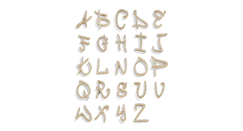 These 14-karat yellow gold “Graffiti Letter” studs set with diamonds sell for $250 each.