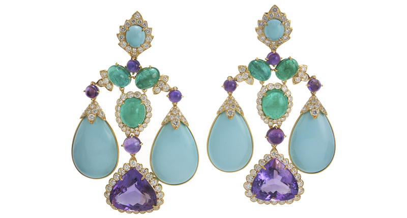 David Webb girandole earrings with amethysts, turquoise, emeralds and diamonds (price upon request)