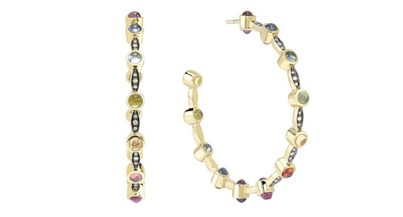 <strong>Statement Hoops:</strong> <a href="http://noorfares.com/" target="_blank">Noor Fares</a>’ 18-karat yellow gold with rhodium-plating hoop earrings featuring blue, orange and yellow sapphires, iolite, green tourmaline and amethyst ($8,150)