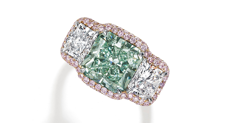 This ring features a 4.42-carat cut-cornered square modified brilliant-cut fancy intense green diamond, flanked by 1.02-carat and 1-carat cut-cornered rectangular modified brilliant-cut diamonds, in a circular-cut pink diamond surround. It is expected to sell for between $1.3 and $1.8 million.