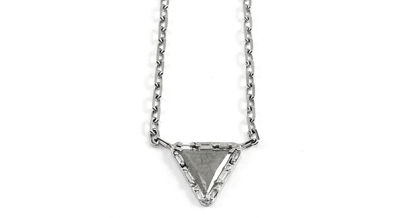 <a href="http://www.vivaan.us" target="_blank">Vivaan’s</a> pendant features a triangle rose-cut diamond slice surrounded with diamond baguettes in 18-karat gold ($2,475).