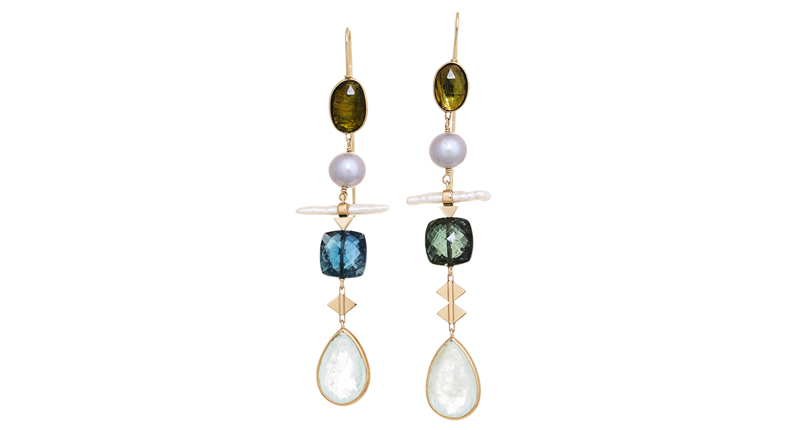 Lito 14-karat yellow gold earrings with aquamarine, gray freshwater pearls, green tourmalines and white pearl picks ($2,330)