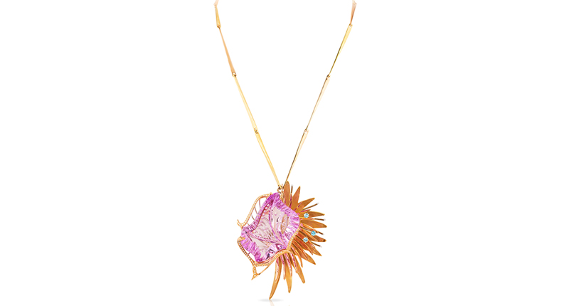 <strong>Fashion Forward</strong><br />Lorenzo Chavez of Geogem-USA won for this platinum and 18-karat yellow and rose gold “Gift from the Abyss” pendant featuring a 124.73-carat carved kunzite accented with blue zircons and diamonds